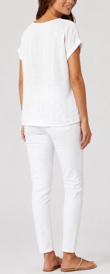 dy_mode Kurzarmbluse Kurzarm Bluse Elegantes Baumwollshirt Damen einfarbig Blusenshirt in Unifarben, Rundhalsausschnitt, mit Blumenstickerei – Bild 2 von 5