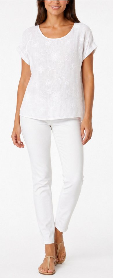 dy_mode Kurzarmbluse Kurzarm Bluse Elegantes Baumwollshirt Damen einfarbig Blusenshirt in Unifarben, Rundhalsausschnitt, mit Blumenstickerei – Bild 3 von 5