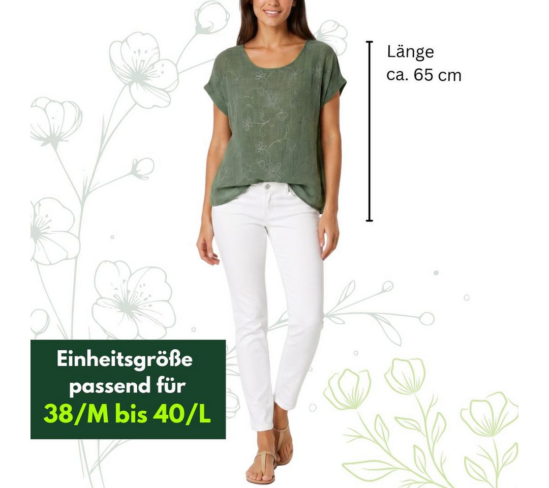 dy_mode Kurzarmbluse Kurzarm Bluse Elegantes Baumwollshirt Damen einfarbig Blusenshirt in Unifarben, Rundhalsausschnitt, mit Blumenstickerei – Bild 4 von 5