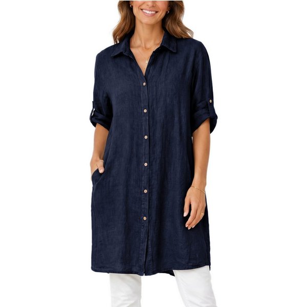 dy_mode Longbluse Damen Leinen Longbluse Sommer Hemdbluse Blusenkleid Luftige Tunika in Unifarbe, mit Knopfleiste