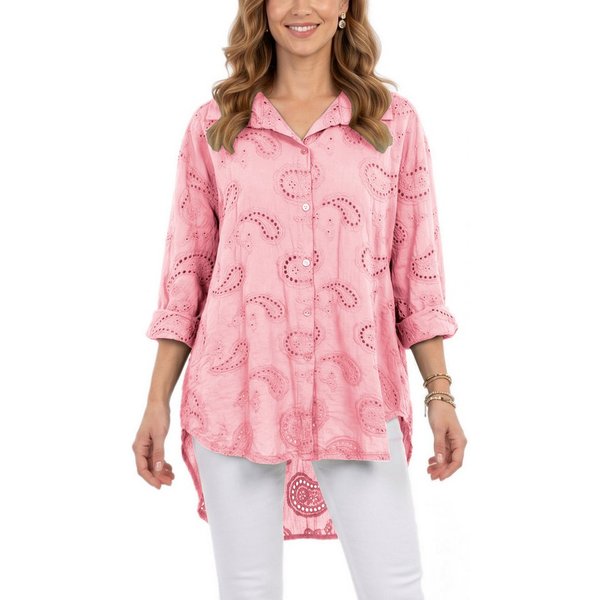 dy_mode Longbluse Damen Longbluse Oversize Tunika Boho Baumwollbluse Sommerbluse in Unifarbe, mit Paisley Lochstickerei, in Vokuhila-Schnitt