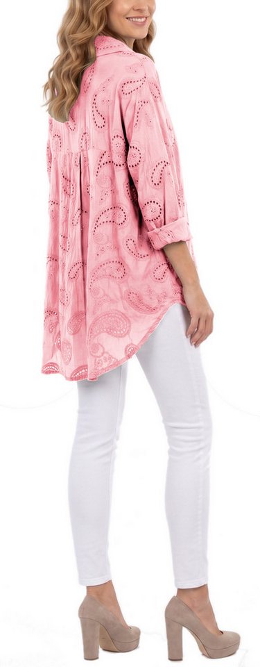 dy_mode Longbluse Damen Longbluse Oversize Tunika Boho Baumwollbluse Sommerbluse in Unifarbe, mit Paisley Lochstickerei, in Vokuhila-Schnitt – Bild 2 von 5