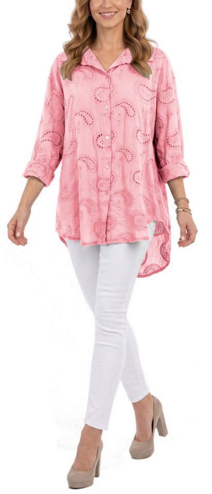 dy_mode Longbluse Damen Longbluse Oversize Tunika Boho Baumwollbluse Sommerbluse in Unifarbe, mit Paisley Lochstickerei, in Vokuhila-Schnitt – Bild 3 von 5
