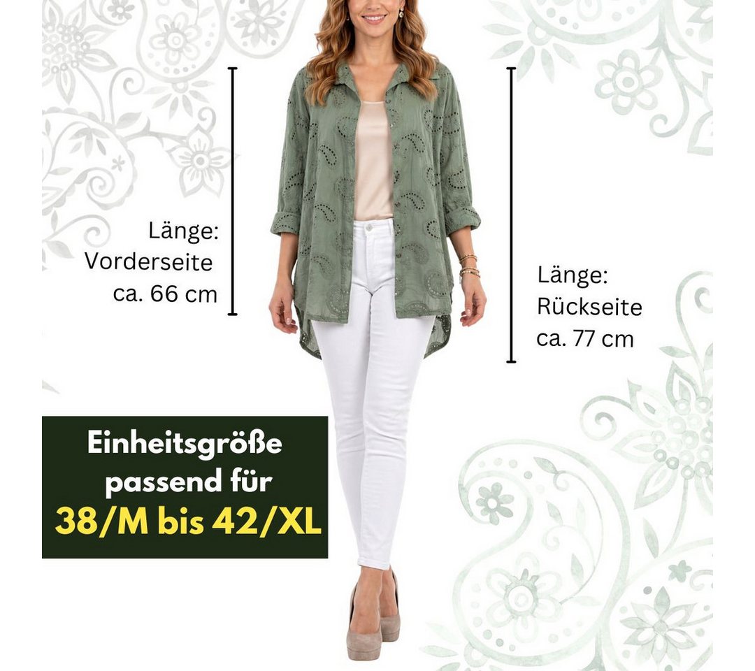 dy_mode Longbluse Damen Longbluse Oversize Tunika Boho Baumwollbluse Sommerbluse in Unifarbe, mit Paisley Lochstickerei, in Vokuhila-Schnitt – Bild 5 von 5