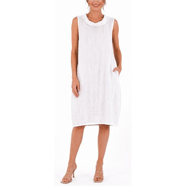 dy_mode Midikleid Damen Leinenkleid Luftiges Midi Sommerkleid Ballonkleid Strandkleid in Unifarbe, Wasserfallkragen, mit seitlichen Eingriffstaschen