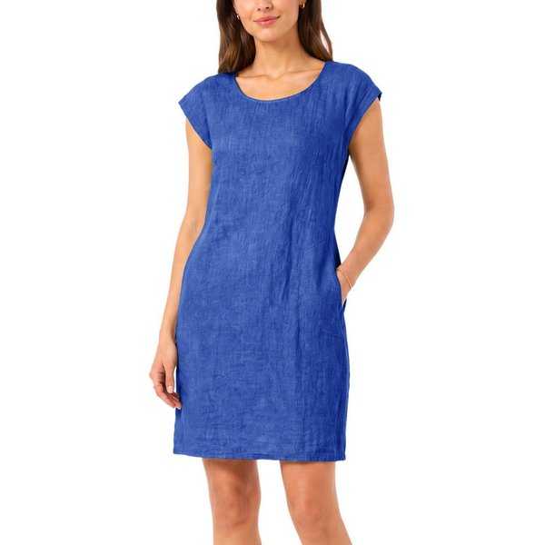 dy_mode Midikleid Einfarbiges Damen Leinenkleid Sommerkleid Kurzarm Midi Kleid in Unifarbe, mit Eingriffstaschen, leicht taillierte Passform