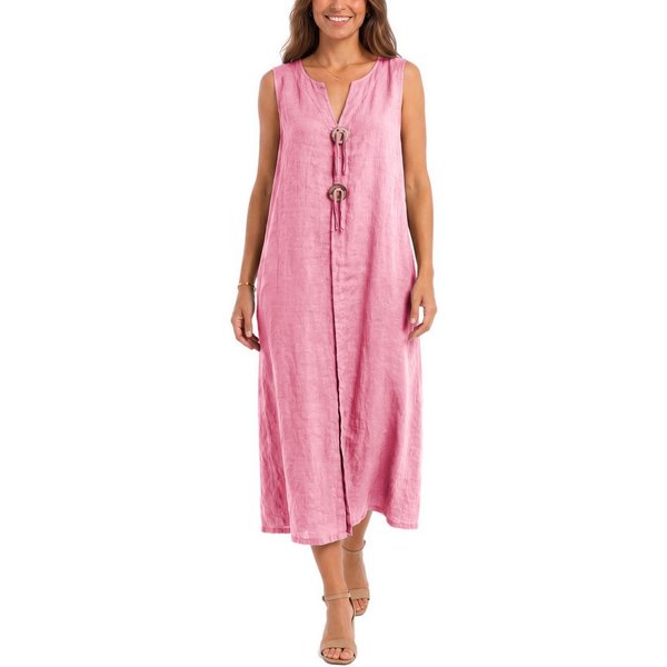 dy_mode Sommerkleid Damen Leinenkleid Luftiges Maxi Sommerkleid Strandkleid Damenkleid in Unifarbe, V-Ausschnitt, mit seitlichen Eingriffstaschen