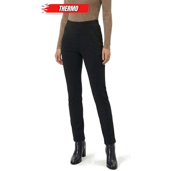 dy_mode Thermohose Damen Thermohose mit Innenfutter Schwarz Winterhose mit Glitzer in Unifarbe, Middel Waist, mit Innenfutter, mit elastischem Bund
