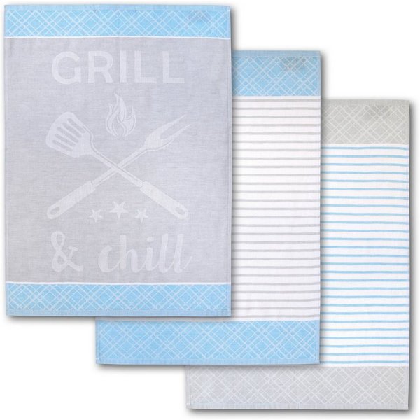 Dyckhoff Geschirrtuch Grill & Chill, mit 3 verschiedenen Motiven, Maße je Tuch ca. 50x70 cm, (Set, 3-tlg), aus 100% Baumwolle, mit Grillbesteck-Motiv und Schrif
