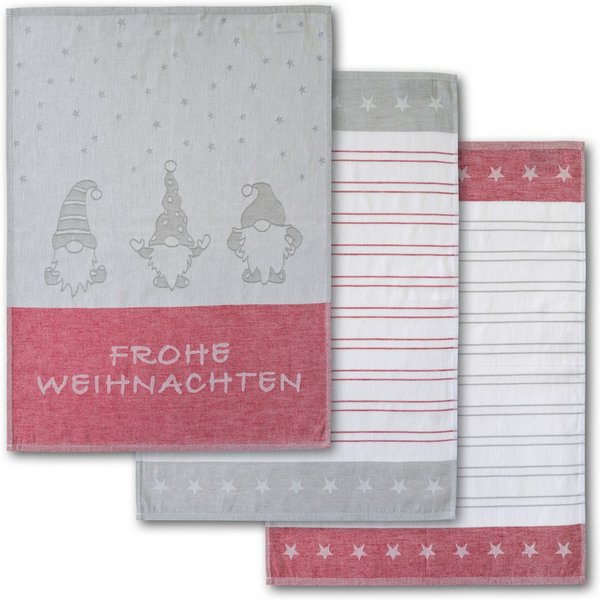 Dyckhoff Geschirrtuch Wichtel, mit Schriftzug Frohe Weihnachten, Streifen und Sternen, (Set, 3-tlg), mit 3 verschiedenen Motiven, Maße je Tuch ca. 50x70 cm, 100