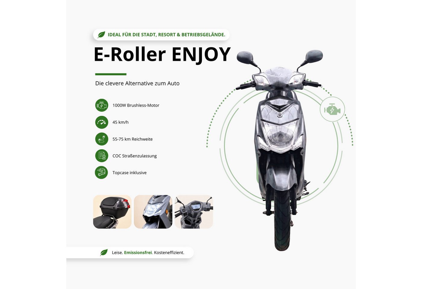Urban Hopper E-Motorroller Elektro-Roller mit Straßenzulassung in Grau Urban Hopper Enjoy, 1000 W, 45 km/h, Reichweite ca. 75 km mit LED, Scheibenbremsen Inklus – Bild 3 von 5