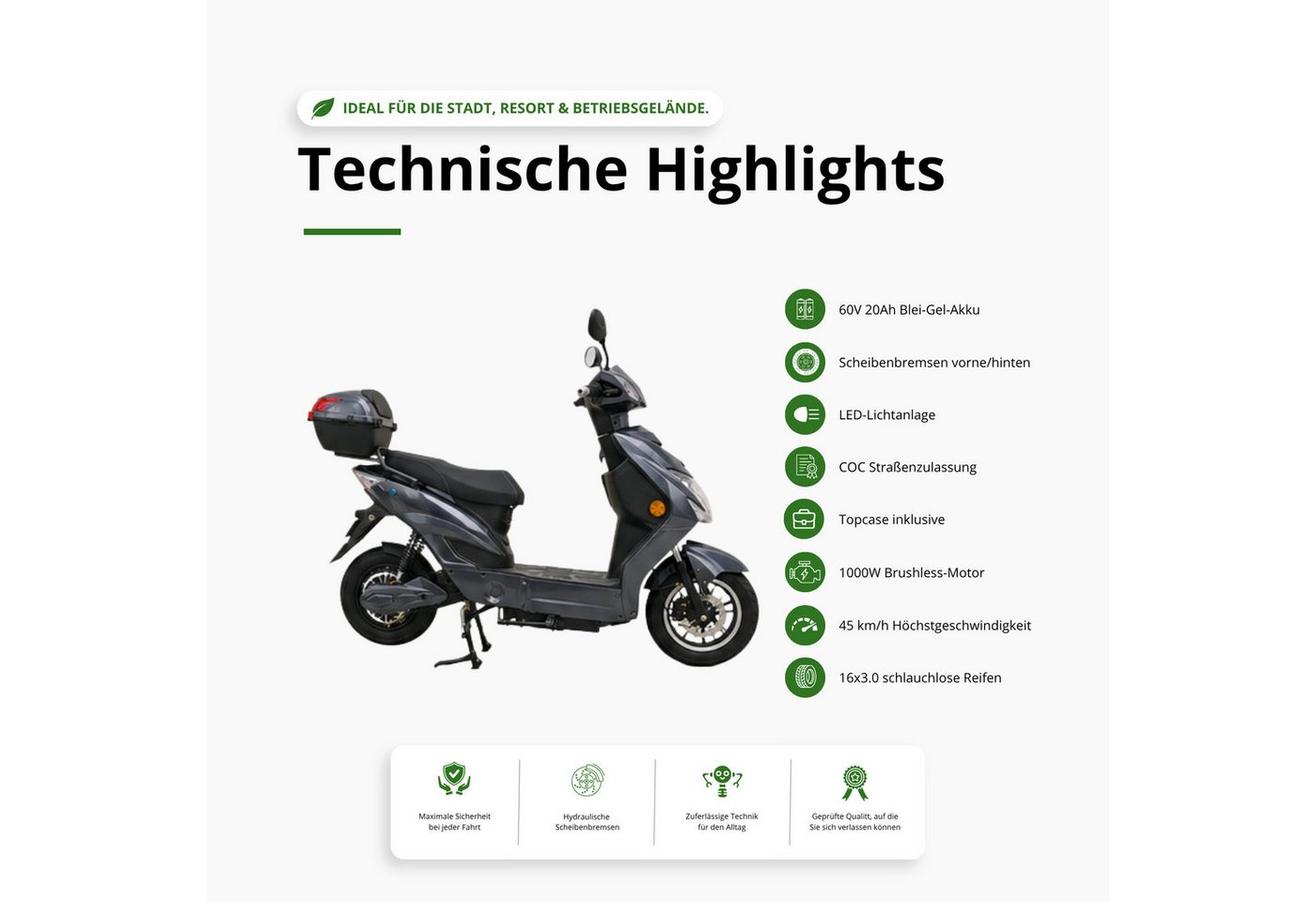 Urban Hopper E-Motorroller Elektro-Roller mit Straßenzulassung in Grau Urban Hopper Enjoy, 1000 W, 45 km/h, Reichweite ca. 75 km mit LED, Scheibenbremsen Inklus – Bild 4 von 5