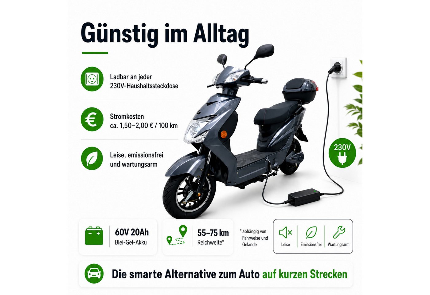 Urban Hopper E-Motorroller Elektro-Roller mit Straßenzulassung in Grau Urban Hopper Enjoy, 1000 W, 45 km/h, Reichweite ca. 75 km mit LED, Scheibenbremsen Inklus – Bild 5 von 5