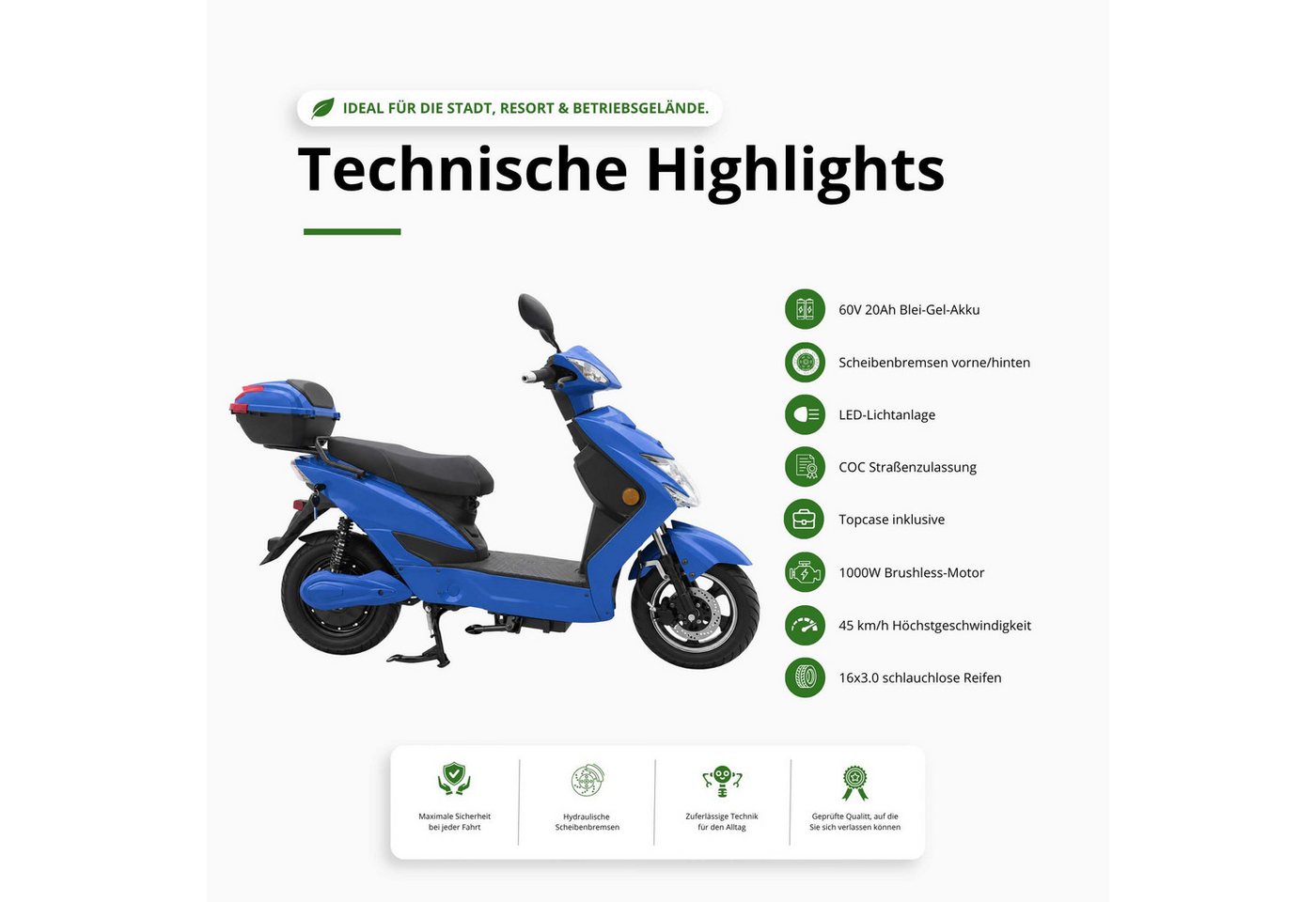 Urban Hopper E-Motorroller Elektro-Roller mit Straßenzulassung in Grau Urban Hopper Enjoy, 1000 W, 25 km/h, Reichweite ca. 75 km mit LED, Scheibenbremsen Inklus – Bild 4 von 5