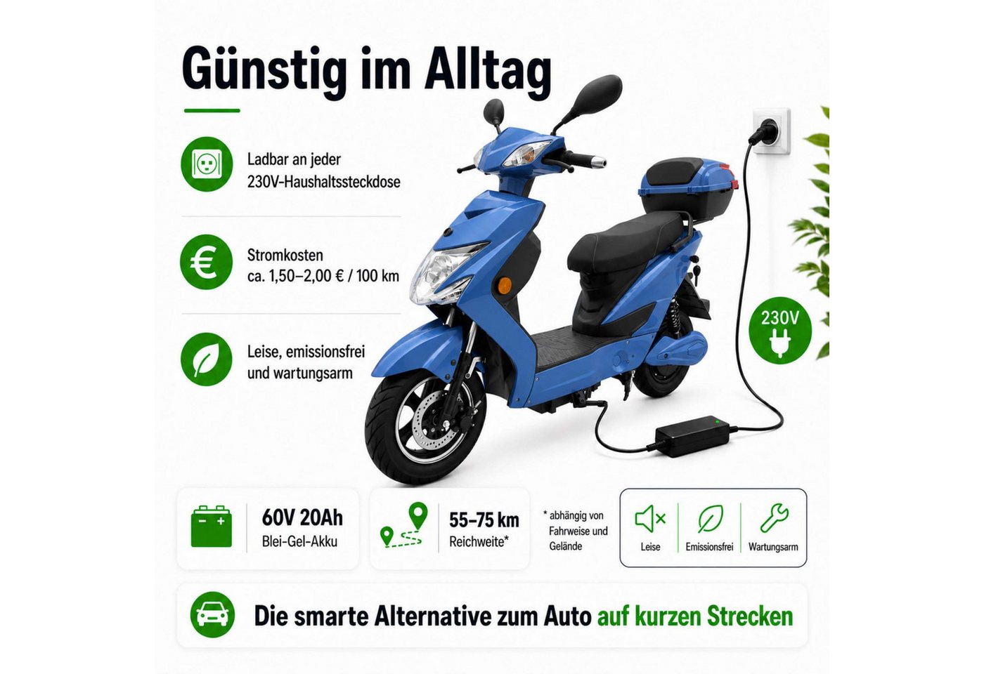 Urban Hopper E-Motorroller Elektro-Roller mit Straßenzulassung in Grau Urban Hopper Enjoy, 1000 W, 25 km/h, Reichweite ca. 75 km mit LED, Scheibenbremsen Inklus – Bild 5 von 5