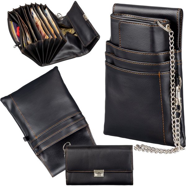 EAAKIE Kellnerbörse Kellnergeldbörse Kunstleder Schwarz Kellnerholster Kette Taxibörse, 7 Geldscheinfächer, inkl. abnehmbarer Kette und Kellnerholster