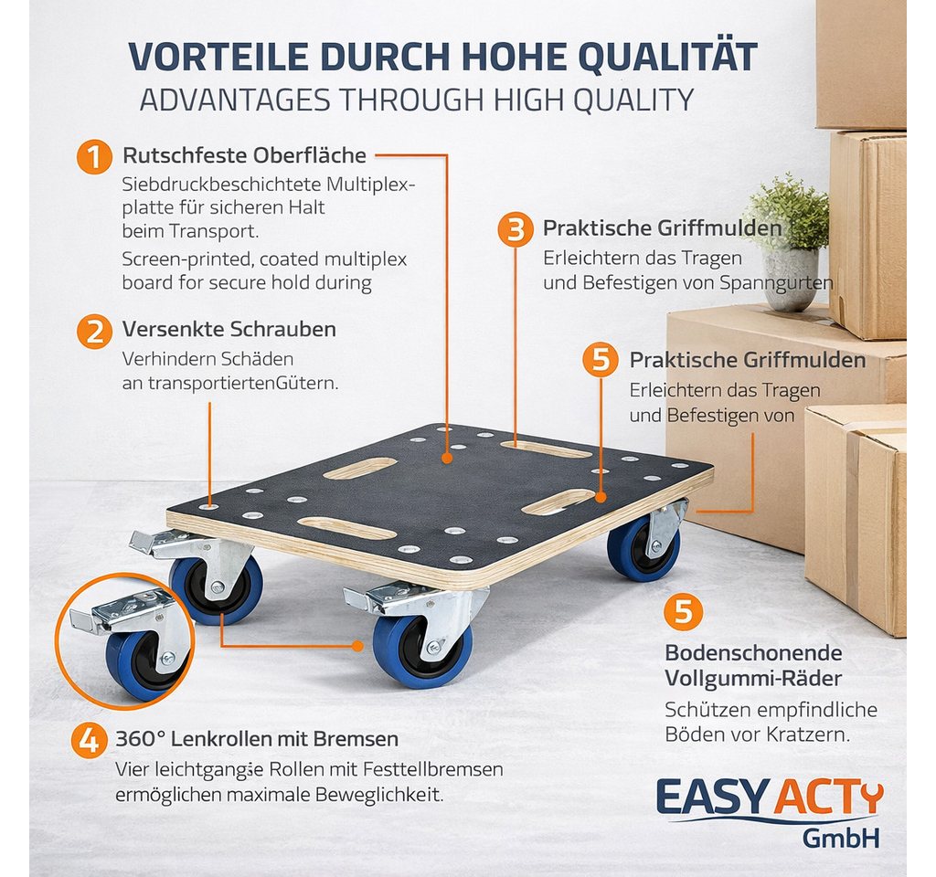 Easy Act GmbH Rollbrett Rollbrett Möbelroller aus Multiplex bis 800 kg, Ideal für Umzug, Werkstatt, Lager und Haushalt – Bild 3 von 3