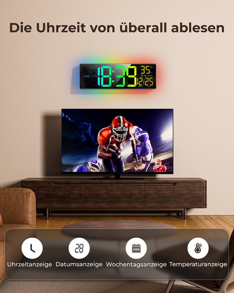 EASYERA Wanduhr 16,5 Zoll RGB Digitale Wanduhr Extra großes LED-Display mit Bluetooth (11 RGB-Modi, Fernbedienung, Dual-Alarm, Auto DST) – Bild 2 von 5