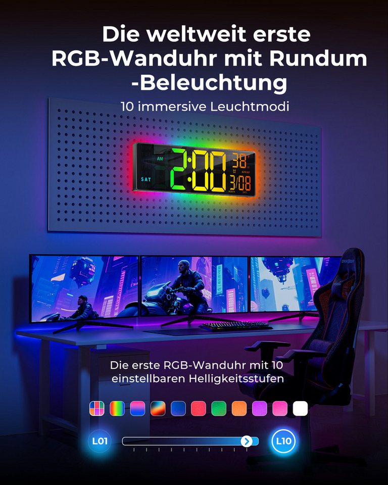 EASYERA Wanduhr 16,5 Zoll RGB Digitale Wanduhr Extra großes LED-Display mit Bluetooth (11 RGB-Modi, Fernbedienung, Dual-Alarm, Auto DST) – Bild 4 von 5