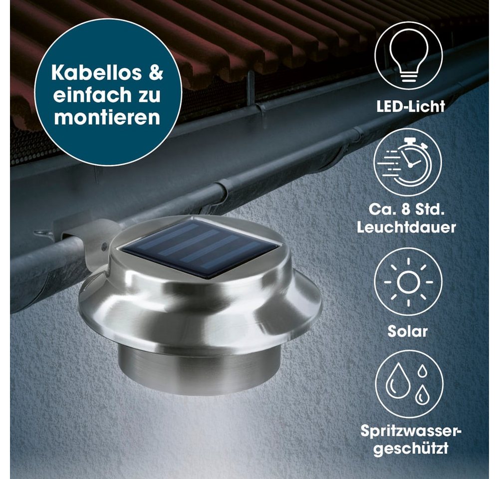 EASYmaxx Dachrinnenleuchten Solar-Leuchte Dachrinne, 3-er Set, Edelstahl, Außenbeleuchtung, Kabellos, Beleuchtung – Bild 2 von 5