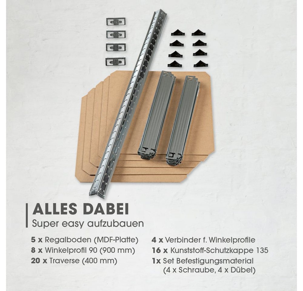 EASYmaxx Schwerlastregal 180x40x40 cm, 875 kg Traglast, 175 kg pro Ebene, 1-tlg., Kellerregal Lagerregal, 5 verstellbare Ablagen – Bild 5 von 5