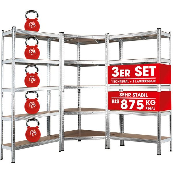 EASYmaxx Schwerlastregal 180x90x40 cm, Eckregal & 2 Lagerregal, 3-tlg., 175 kg pro Ebene, Regal und Werkbank, Kellerregal, Lagerregal