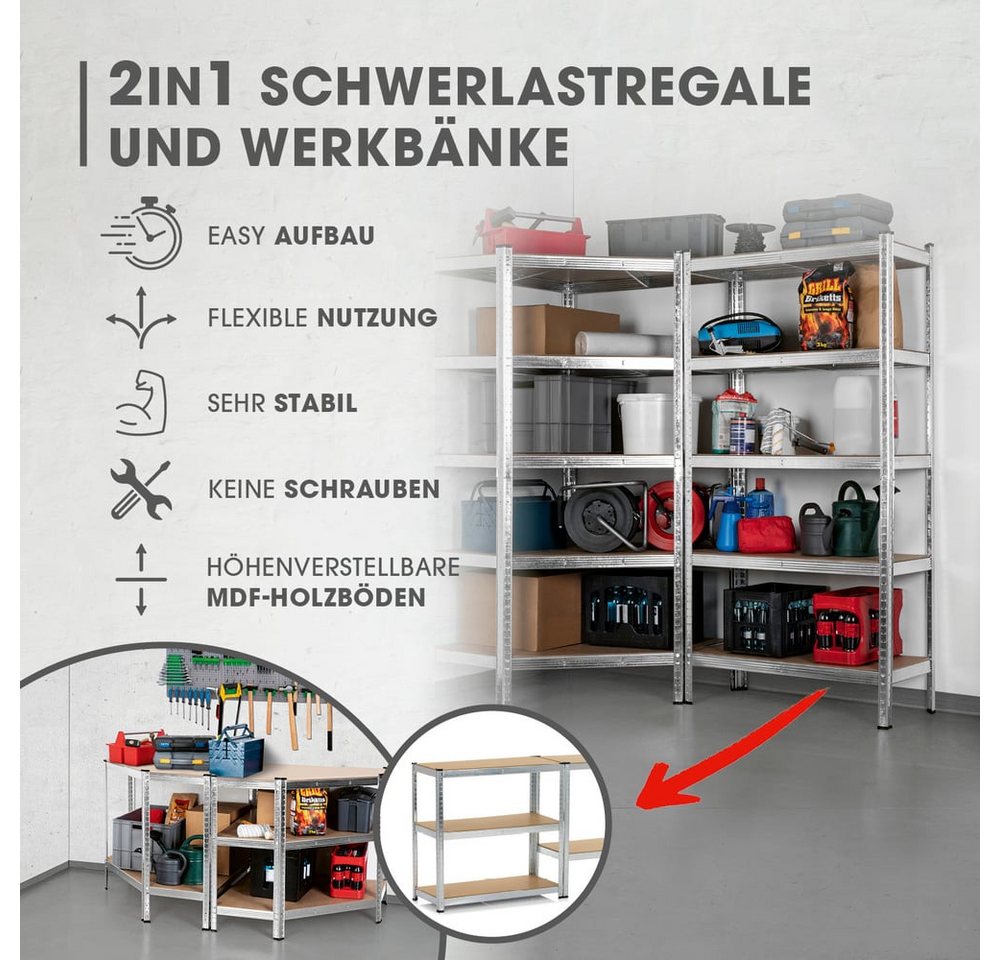 EASYmaxx Schwerlastregal 180x90x40 cm, Eckregal & 2 Lagerregal, 3-tlg., 175 kg pro Ebene, Regal und Werkbank, Kellerregal, Lagerregal – Bild 2 von 5