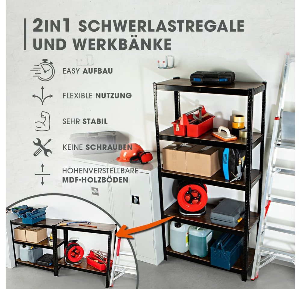 EASYmaxx Schwerlastregal 180x90x40 cm, 875 kg Traglast, 175 kg pro Ebene, 1-tlg., Regal und Werkbank, Kellerregal Lagerregal, 5 verstellbare Ablagen – Bild 2 von 5