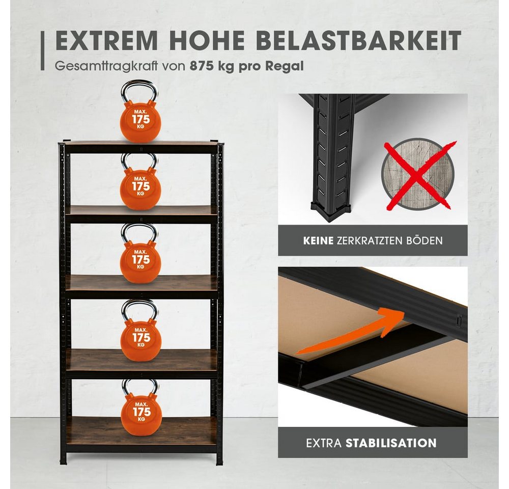 EASYmaxx Schwerlastregal 180x90x40 cm, 875 kg Traglast, 175 kg pro Ebene, 1-tlg., Regal und Werkbank, Kellerregal Lagerregal, 5 verstellbare Ablagen – Bild 3 von 5