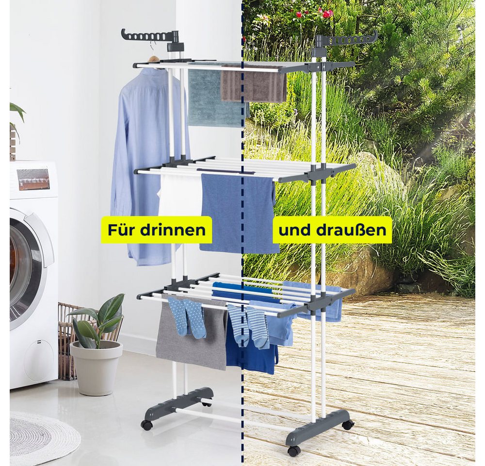 EASYmaxx Wäscheständer Wäscheständer mit Rollen & 3 Etagen - klappbar & mit Seitenflügeln, Turmwäscheständer für drinnen und draußen - für ca. 14 Kleiderbügel – Bild 4 von 5