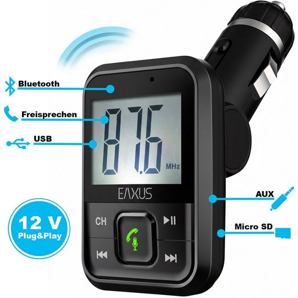 EAXUS Bluetooth FM-Transmitter für Wiedergabe Smartphone -> Autoradio, KFZ-Transmitter Bluetooth, USB-Sticks, 3,5-mm-Klinke, microSD, Mit Freisprechfunktion und