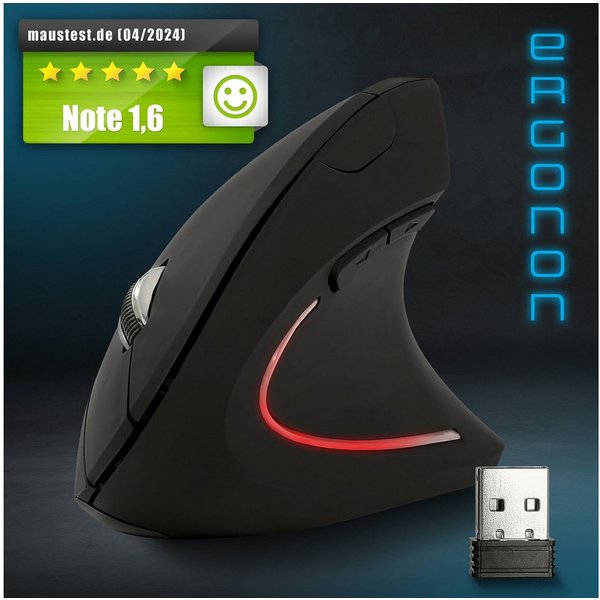 EAXUS Ergonon Vertikale Maus mit 6 Tasten - Kabellose ergonomische Maus (Funk, 1600 dpi, 10m Reichweite, Vorbeugung gegen Mausarm/Tennisarm)