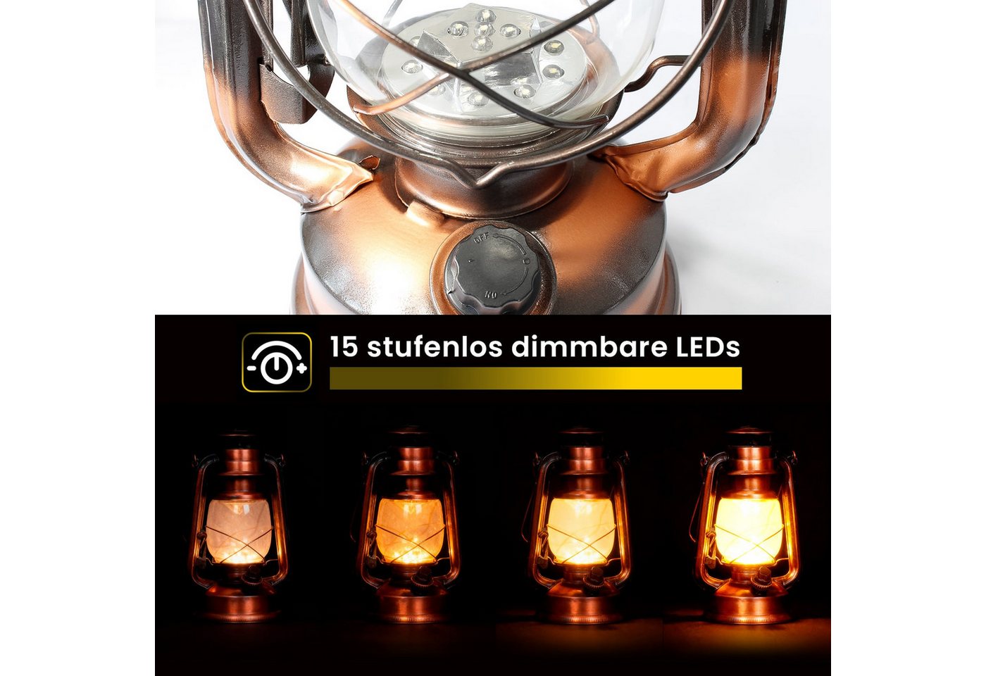 EAXUS LED Laterne Kupferfarbene Sturmlaterne im Design einer Öllampe - Dimmbar, LED fest integriert, warmweiß, echtes Glas – Bild 2 von 5