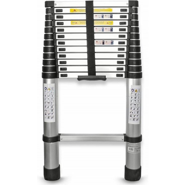 EAXUS Teleskopleiter Ausfahrbare Leiter Aluminium 3,8 Meter DIN EN 131 Mehrzweckleiter, 13 rutschfeste Sprossen, zusammenklappbar auf 86 cm