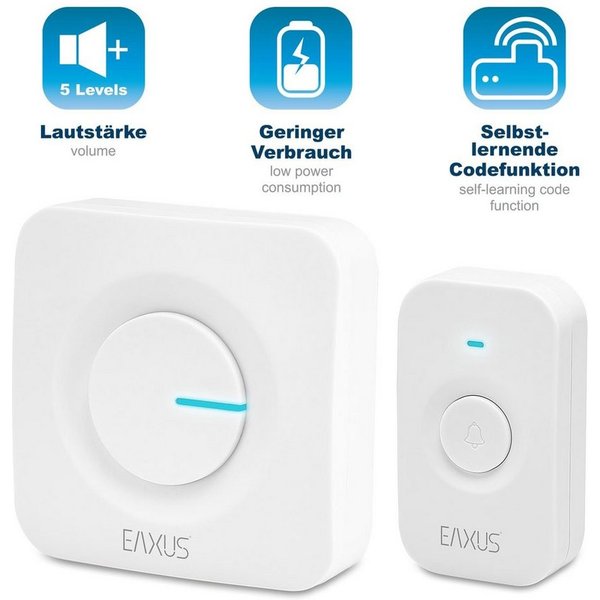 EAXUS Türklingel-Set moderne Haustürklingel 200m Reichweite, 52 Klingeltöne, (Schwarz/Weiß - 1/2 Empfänger), LED Anzeige, IP56 wasserdicht, 5 Lautstärkestufen