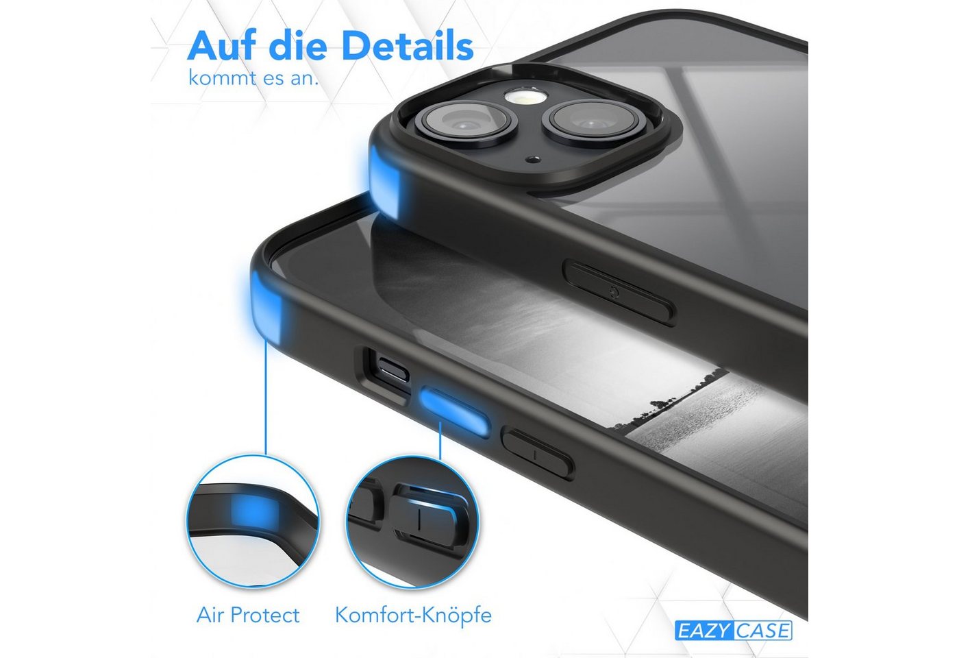 EAZY CASE Handyhülle Bumper Case für Apple iPhone 14 / iPhone 13 6,1 Zoll, Hülle Durchsichtig kratzfest Back Cover mit Displayschutz Schwarz – Bild 4 von 5