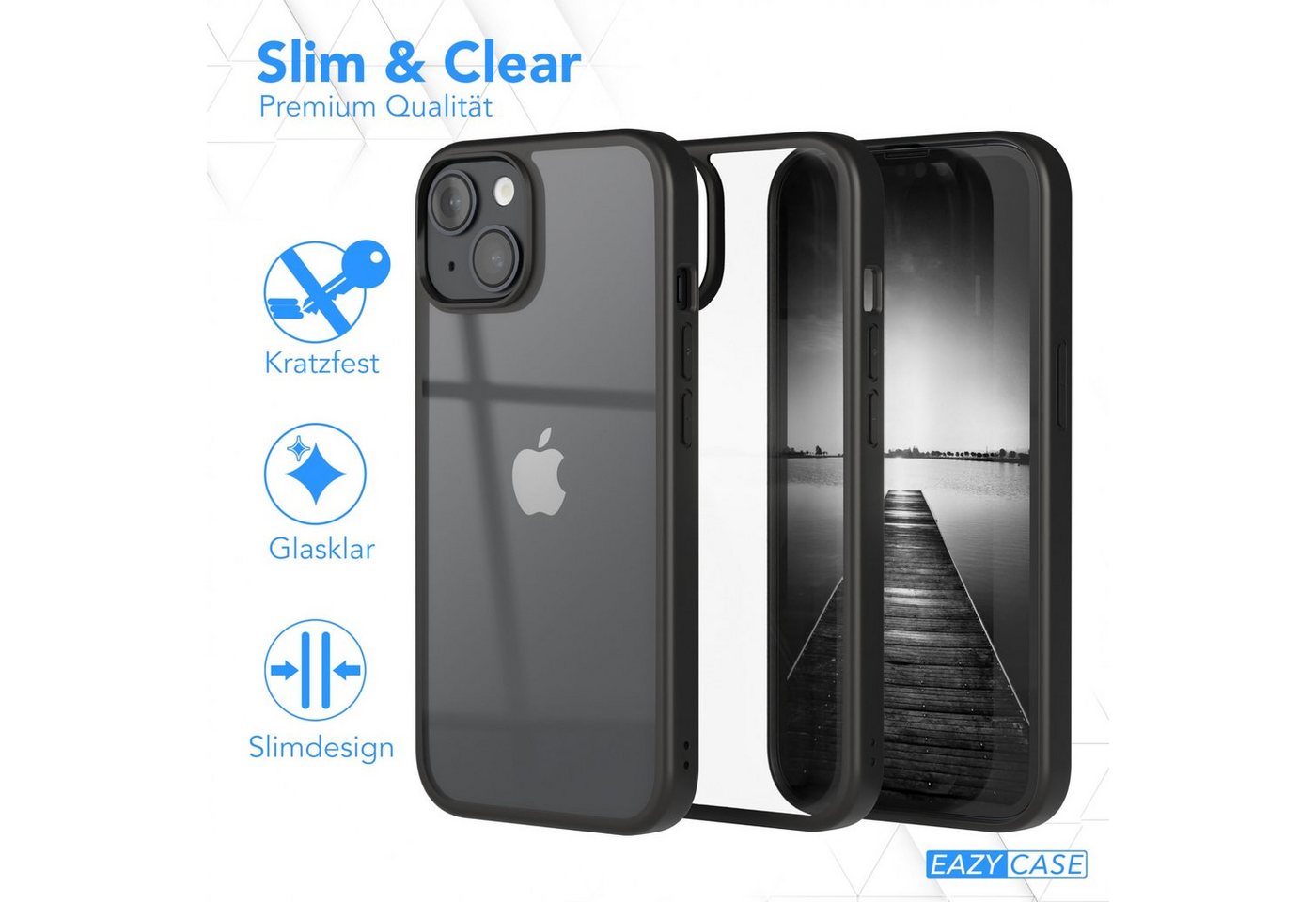EAZY CASE Handyhülle Bumper Case für Apple iPhone 14 / iPhone 13 6,1 Zoll, Hülle Durchsichtig kratzfest Back Cover mit Displayschutz Schwarz – Bild 5 von 5