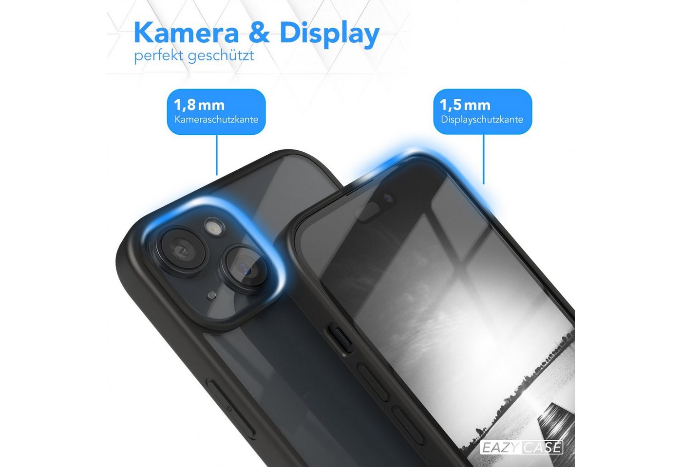 EAZY CASE Handyhülle Bumper Case für Apple iPhone 15 Plus 6,7 Zoll, Hülle Durchsichtig kratzfest Back Cover mit Displayschutz Schwarz – Bild 3 von 5