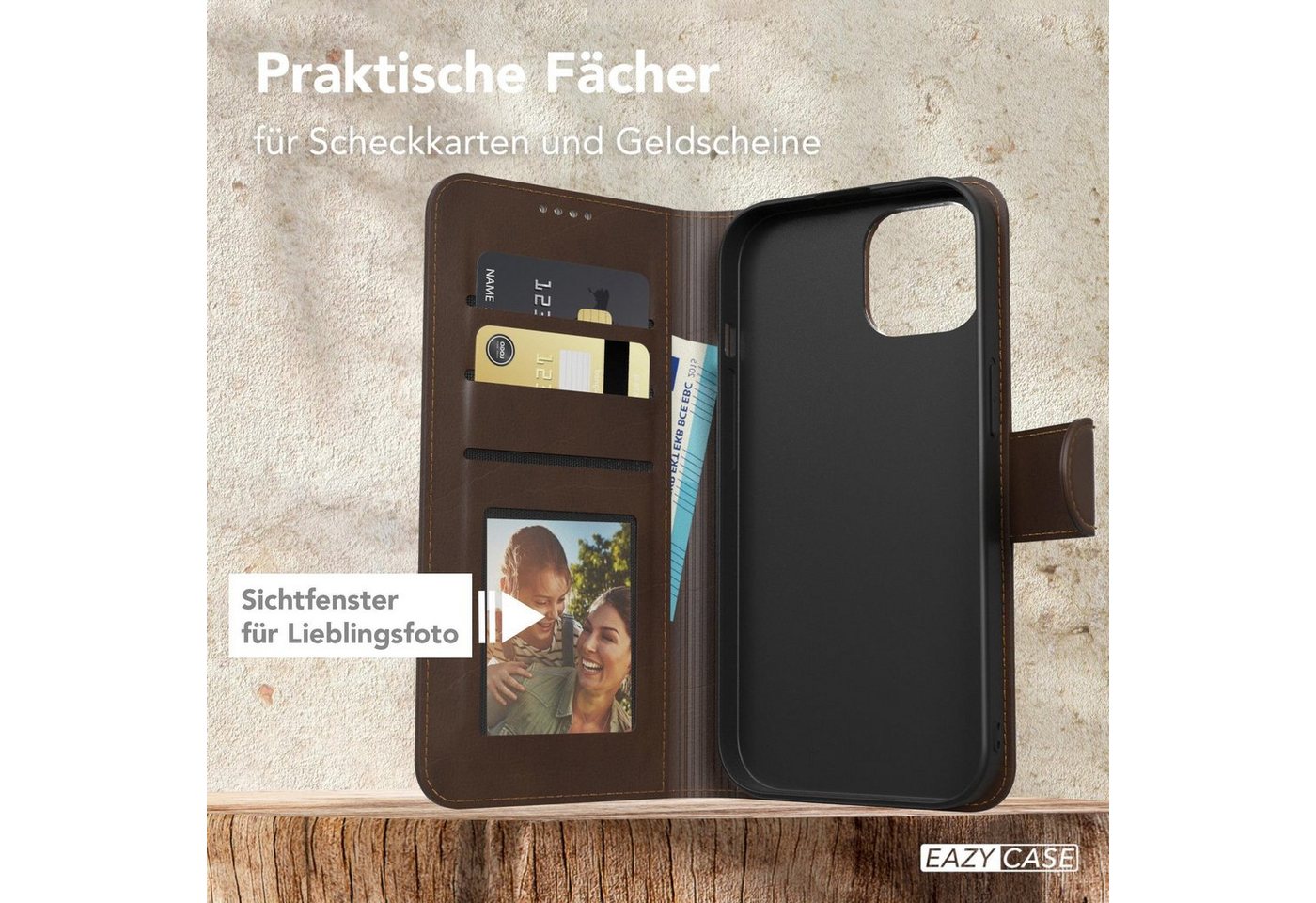 EAZY CASE Handyhülle Business Handytasche Kartenfächer für iPhone 15 6,1 Zoll, Tasche Klapphülle aus Kunstleder Book Cover mit Kartenfächer Braun – Bild 3 von 5