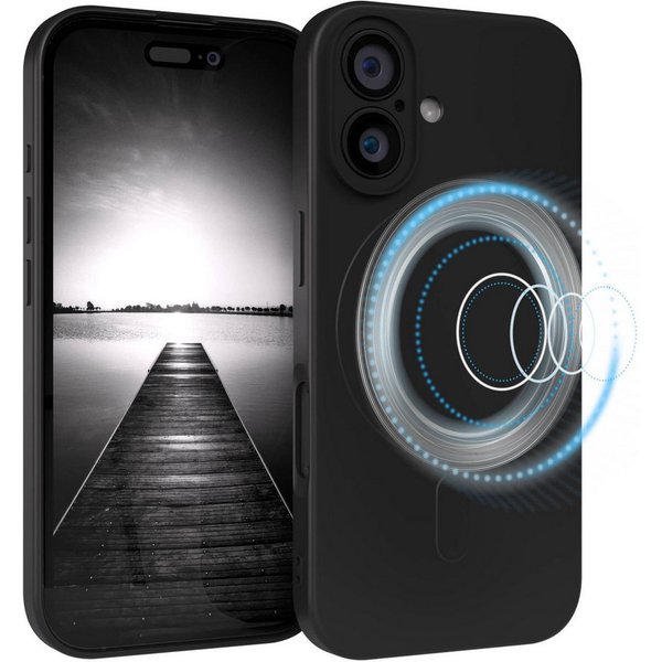 EAZY CASE Handyhülle für Apple iPhone 16 Hülle Silikon 6,1 Zoll, Schutzhülle mit MagSafe kratzfest Back Cover Kameraschutz Schwarz