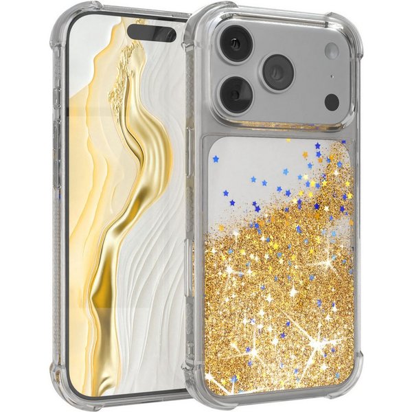 EAZY CASE Handyhülle Liquid Glittery Case für Apple iPhone 17 Pro 6,3 Zoll, Durchsichtig Back Case Handy Softcase Silikonhülle Glitzer Cover Gold