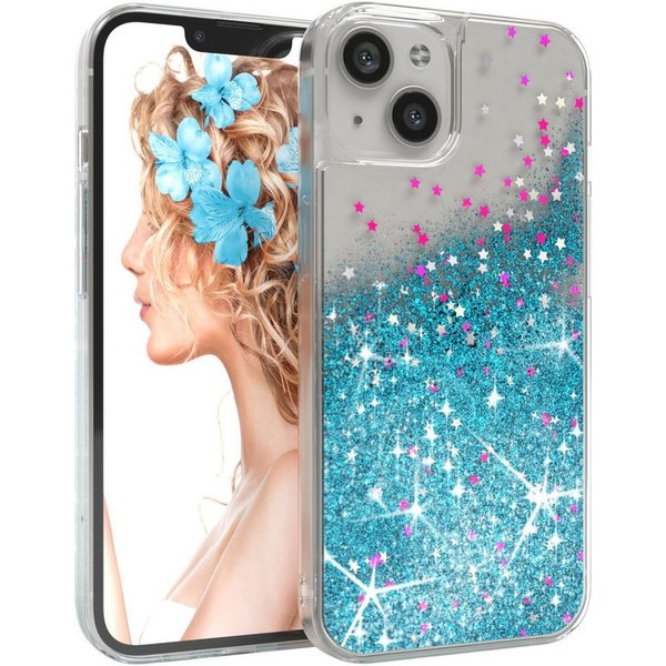 EAZY CASE Handyhülle Liquid Glittery Case für Apple iPhone 13 6,1 Zoll, Gloss Slimcover Girly Backcover Bling Phone Case kratzfeste Cover Blau