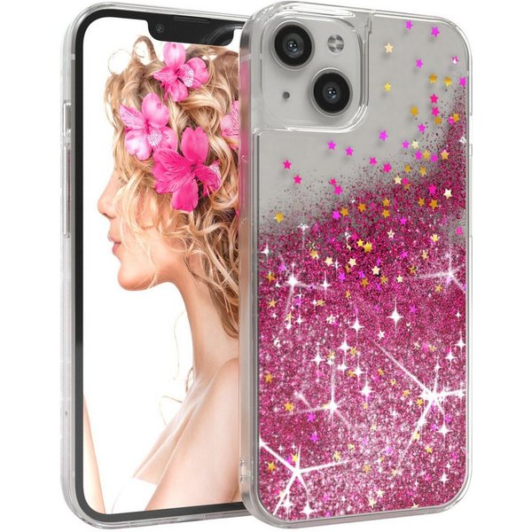 EAZY CASE Handyhülle Liquid Glittery Case für Apple iPhone 13 6,1 Zoll, Glitzerhülle Shiny Slimcover stoßfest Durchsichtig Bumper Case Pink