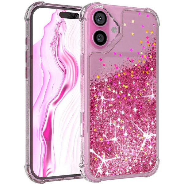 EAZY CASE Handyhülle Liquid Glittery Case für Apple iPhone 16 Plus 6,7 Zoll, Glitzerhülle Shiny Slimcover stoßfest Durchsichtig Bumper Case Pink