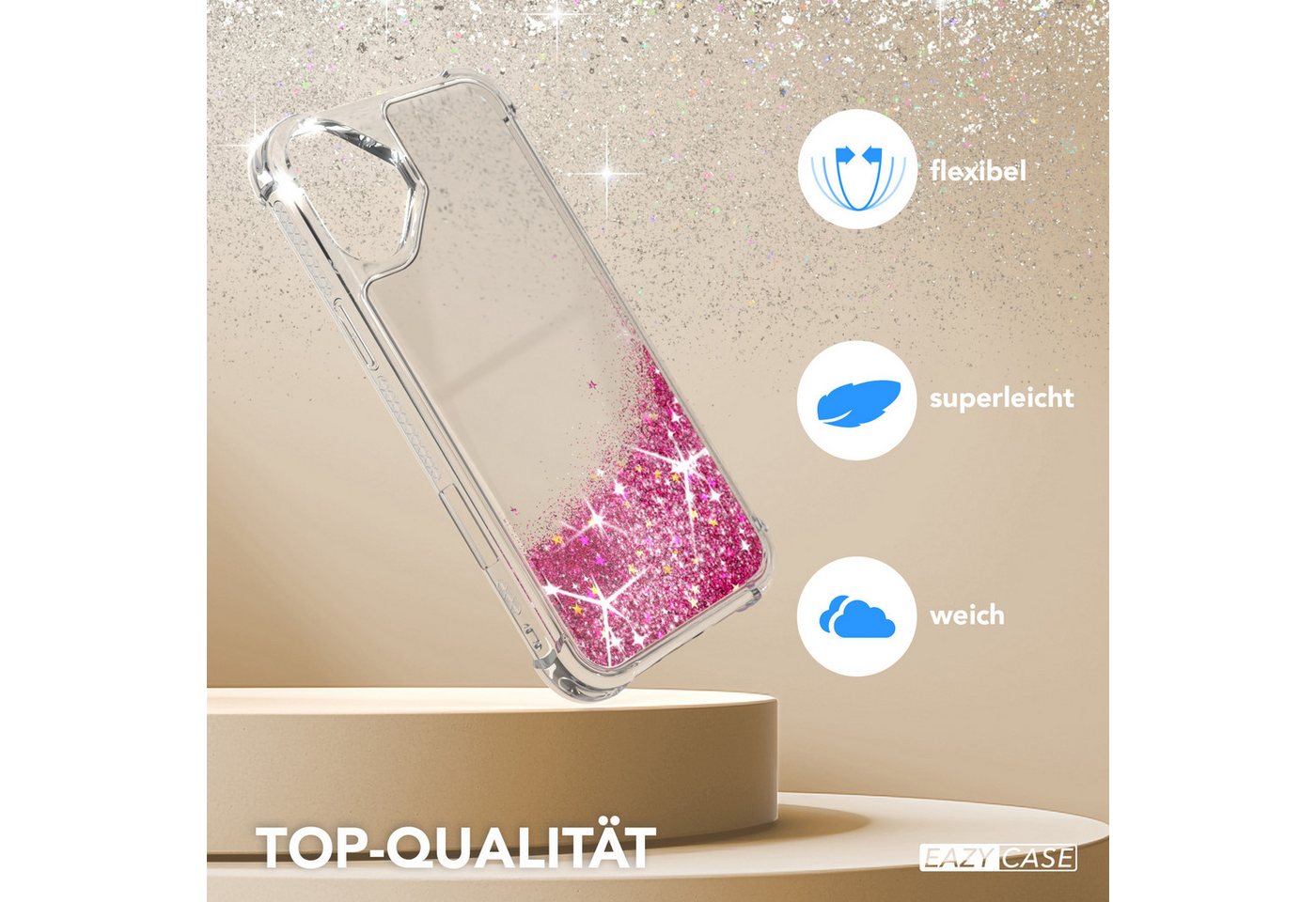 EAZY CASE Handyhülle Liquid Glittery Case für Apple iPhone 16 Plus 6,7 Zoll, Glitzerhülle Shiny Slimcover stoßfest Durchsichtig Bumper Case Pink – Bild 3 von 5