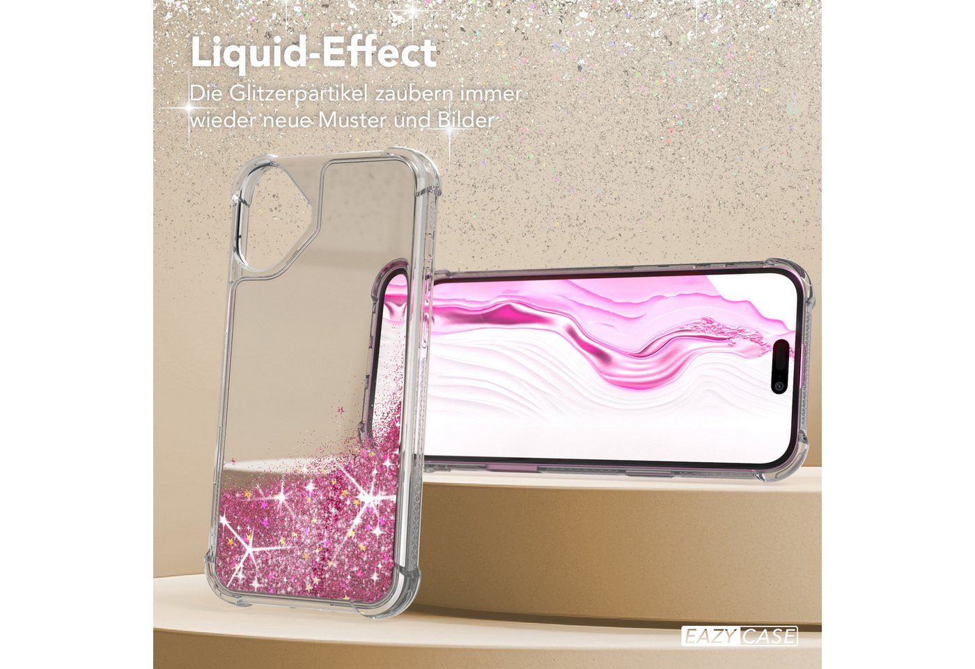 EAZY CASE Handyhülle Liquid Glittery Case für Apple iPhone 16 Plus 6,7 Zoll, Glitzerhülle Shiny Slimcover stoßfest Durchsichtig Bumper Case Pink – Bild 4 von 5