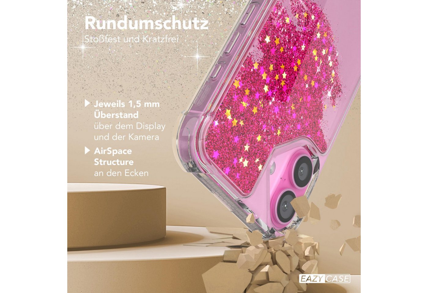EAZY CASE Handyhülle Liquid Glittery Case für Apple iPhone 16 Plus 6,7 Zoll, Glitzerhülle Shiny Slimcover stoßfest Durchsichtig Bumper Case Pink – Bild 5 von 5