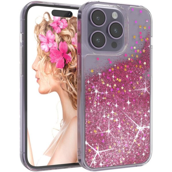 EAZY CASE Handyhülle Liquid Glittery Case für Apple iPhone 14 Pro 6,1 Zoll, Glitzerhülle Shiny Slimcover stoßfest Durchsichtig Bumper Case Pink