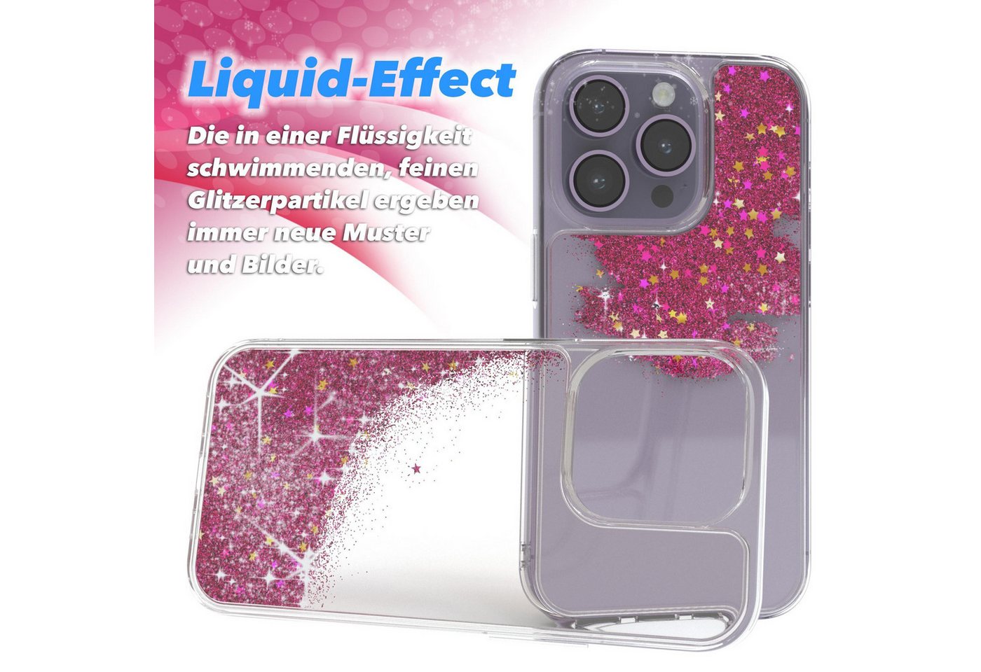 EAZY CASE Handyhülle Liquid Glittery Case für Apple iPhone 14 Pro 6,1 Zoll, Glitzerhülle Shiny Slimcover stoßfest Durchsichtig Bumper Case Pink – Bild 4 von 5
