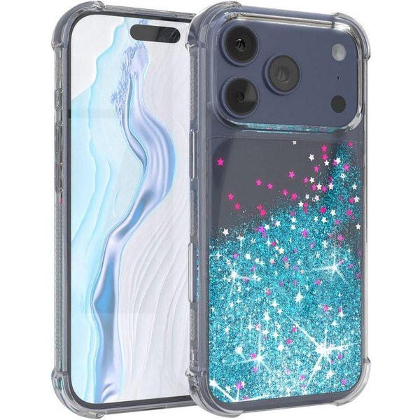EAZY CASE Handyhülle Liquid Glittery Case für Apple iPhone 17 Pro 6,3 Zoll, Gloss Slimcover Girly Backcover Bling Phone Case kratzfeste Cover Blau